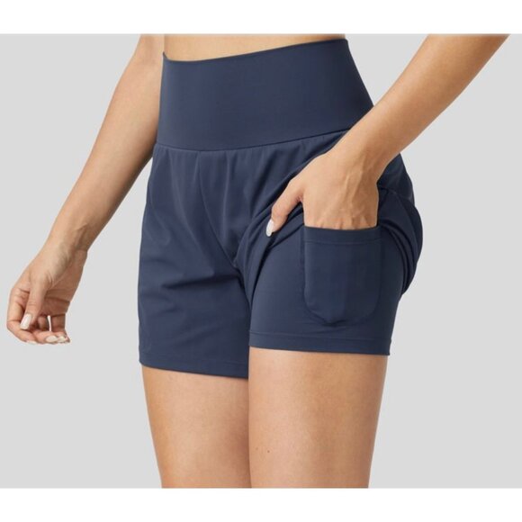 Halara Super High Waisted Yoga Shorts Sz XL Long Womens Blue Back Pocket & Side - Picture 3 of 4